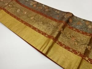 引箔縞に花々模様織出し名古屋帯